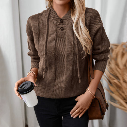 Damen lässiger Strickpullover mit Kapuze und Knopfdetails R&B
