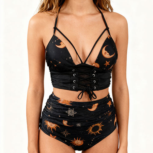Damen High-Waist Bikini mit detailreicher Schnürung und celestial Druck R&B
