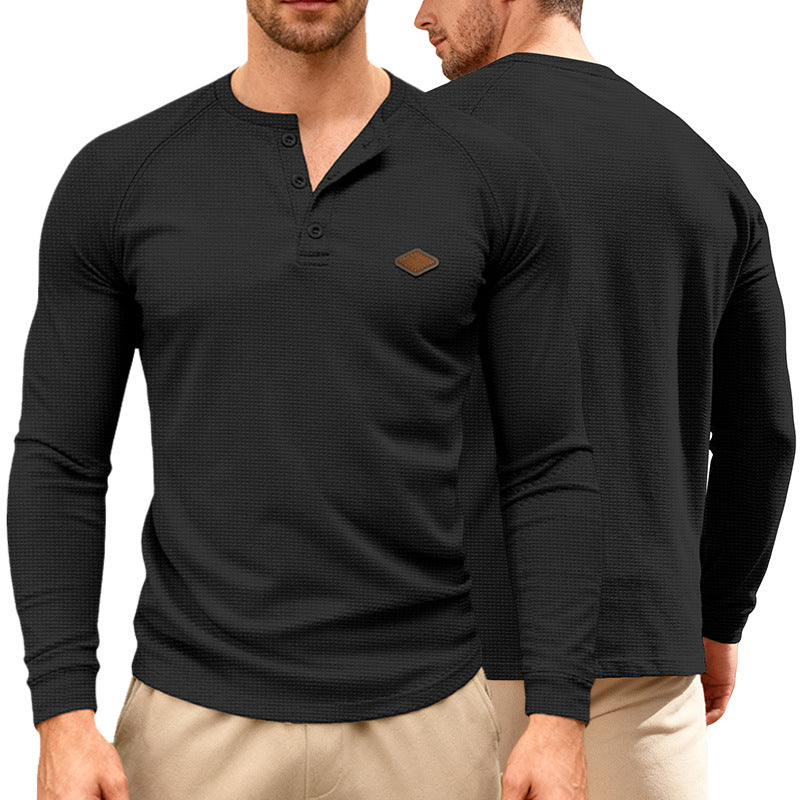 Herren nan Waffelstrick-Henley Langarmshirt mit Raglanärmeln, Halbknopfleiste und Lederlabel R&B
