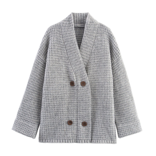 Damen Strickjacke mit doppelter Knopfleiste und hoher Kragen R&B