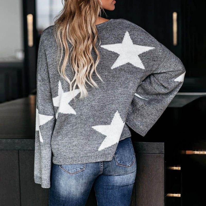 Damen modischer Pullover mit weit ausladenden Ärmeln und Sternenmotiv R&B