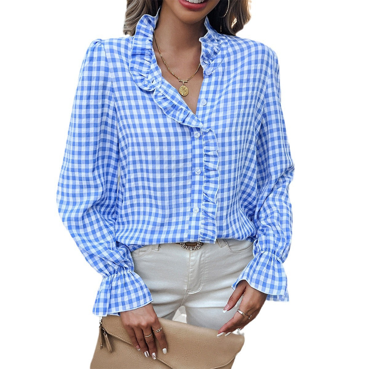 Damen Karierte Bluse mit Rüschendetails und Knopfleiste R&B