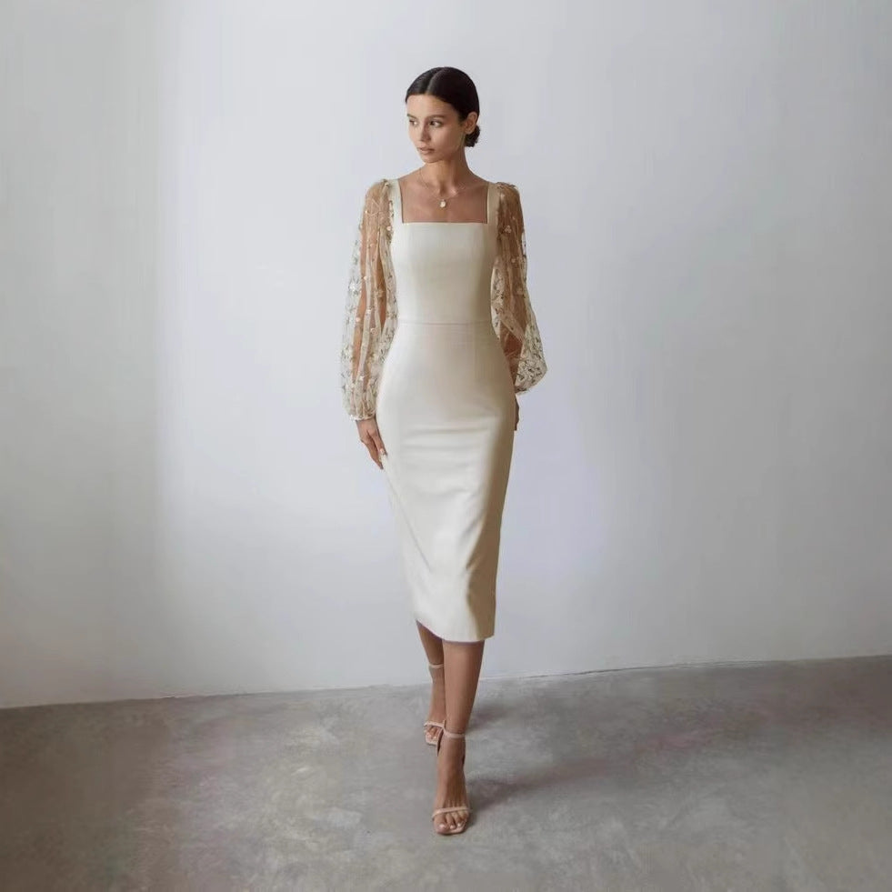 Damen Kleid mit romantischen transparenten Puffärmeln R&B