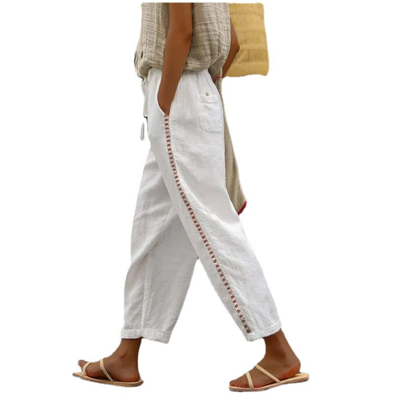 Damen Leichte Leinenhose mit seitlichen Knopfdetails R&B