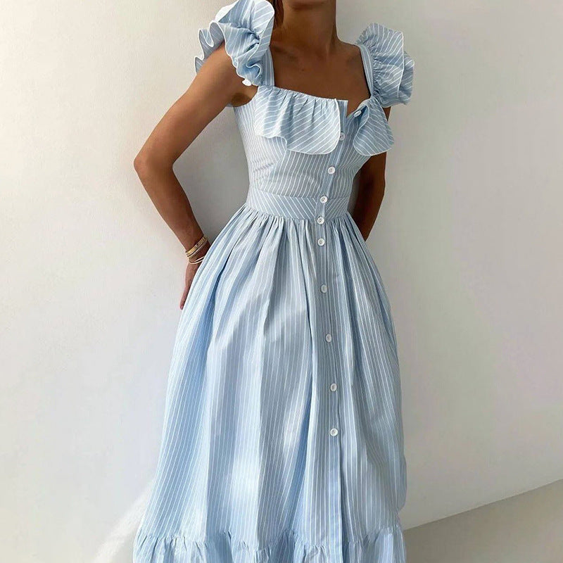 Damen Maxikleid mit Rüschendetails und Knopfleiste