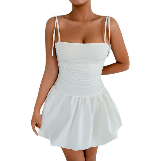 Damen verspieltes Minikleid mit Spaghetti-Trägern und gerafftem Rock R&B