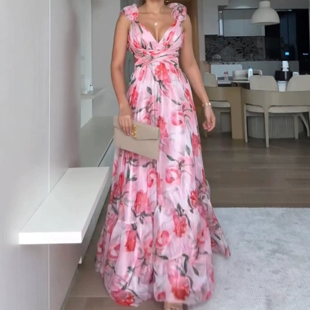 Damen Maxi-Kleid mit floralen Rüschen und schwingendem Design R&B