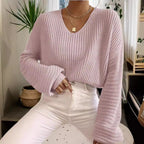 Damen V-Ausschnitt Strickpullover mit weiten Ärmeln R&B