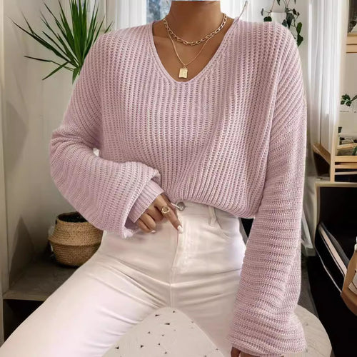Damen V-Ausschnitt Strickpullover mit weiten Ärmeln R&B