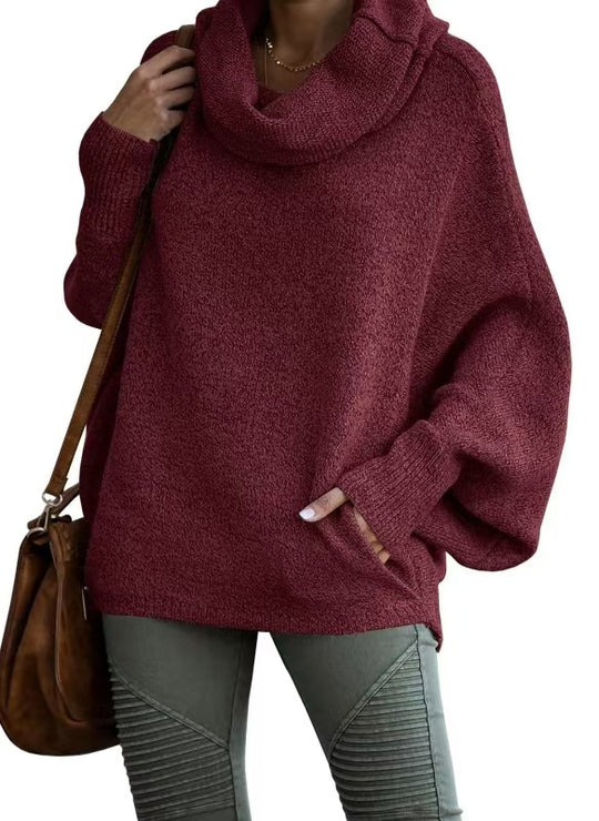 Damen lässiger Strickpullover mit weichem Stehkragen und weit geschnittenen Ärmeln R&B