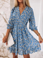 Damen Sommerkleid mit floralem V-Ausschnitt und voluminösen Ärmeln R&B