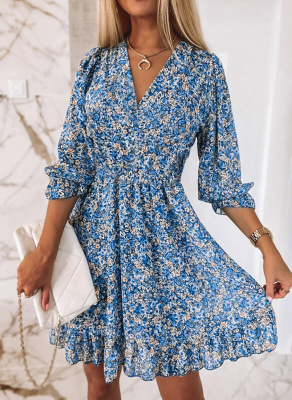 Damen Sommerkleid mit floralem V-Ausschnitt und voluminösen Ärmeln R&B