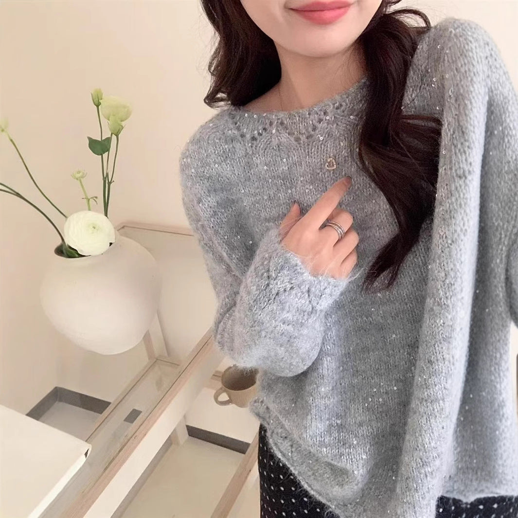 Damen Flauschiger Strickpullover mit glänzenden Akzenten und lockerem Schnitt R&B