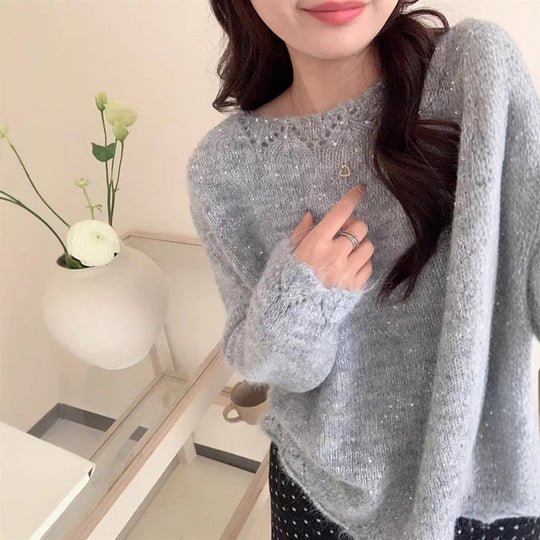 Damen Flauschiger Strickpullover mit glänzenden Akzenten und lockerem Schnitt R&B