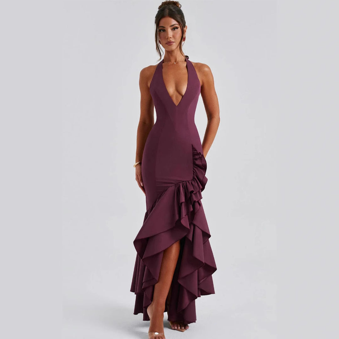 Damen Hochgeschlossenes Maxikleid mit Rüschen und tiefem V-Ausschnitt R&B