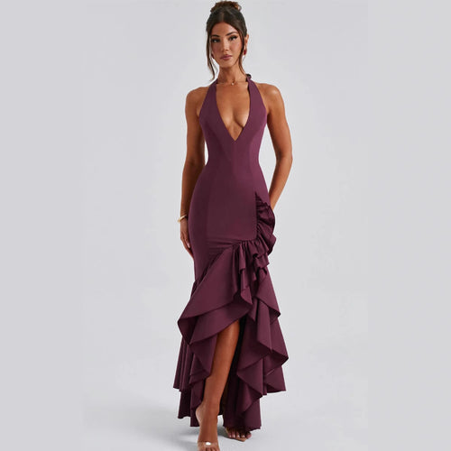 Damen Hochgeschlossenes Maxikleid mit Rüschen und tiefem V-Ausschnitt R&B