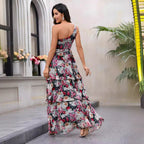 Damen Elegantes One-Shoulder Maxikleid mit floralem Muster und hohem Schlitz R&B
