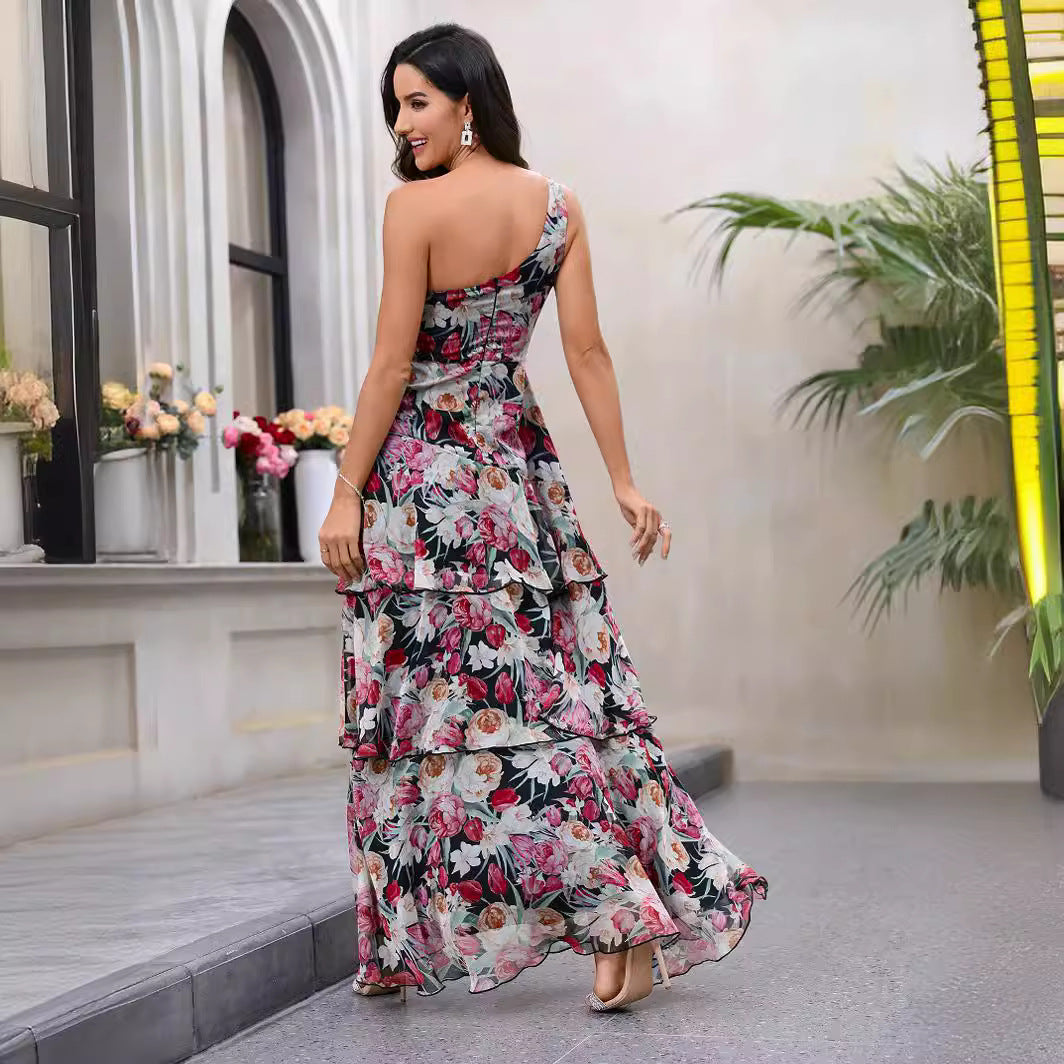 Damen Elegantes One-Shoulder Maxikleid mit floralem Muster und hohem Schlitz R&B