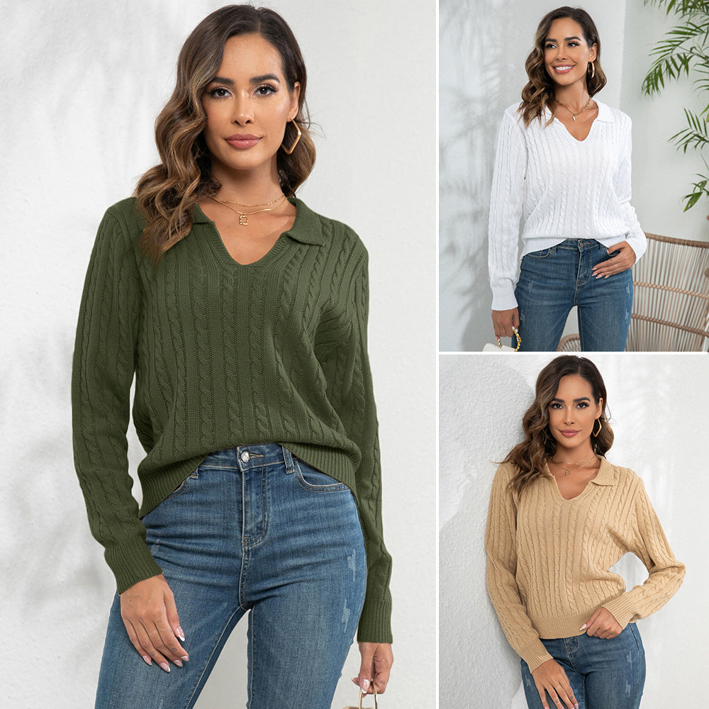 Damen Strickpullover mit V-Ausschnitt und Zopfmuster R&B