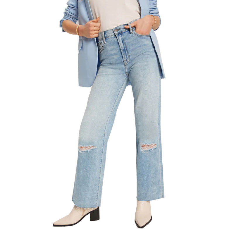 Damen High-Waist Jeans mit fransigem Saum und modischen Rissdetails R&B