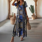 Damen Maxikleid mit geometrischem Muster und V-Ausschnitt R&B