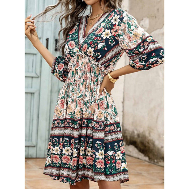 Damen Elegantes Blumenkleid mit V-Ausschnitt und elastischem Bund R&B