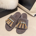 Damen Flauschige Pantoletten mit Boho-Design und Fransen EB