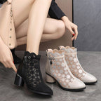 Damen elegante Ankle-Boots mit transparentem Blumendesign und komfortablem Blockabsatz R&B