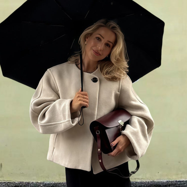 Damen Wickeljacke mit weiten Ärmeln und dekorativem Knopf R&B