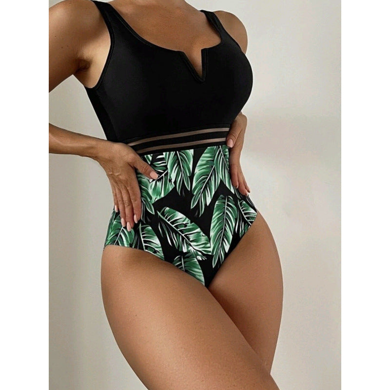 Damen Hochtaillierter Badeanzug mit V-Ausschnitt und Mesh-Details R&B