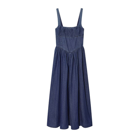 Damen Denim Maxikleid mit schwingendem Rock und verstellbaren Trägern R&B