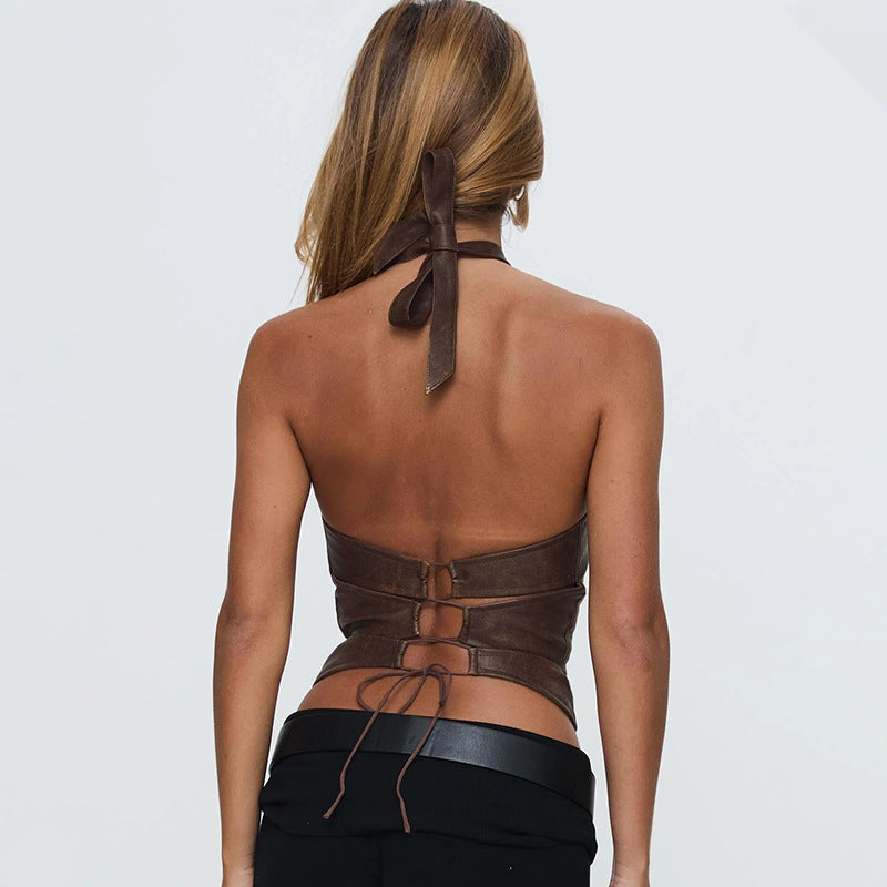 Damen Crop-Top aus hochwertigem Kunstleder mit elegantem Halterdesign R&B