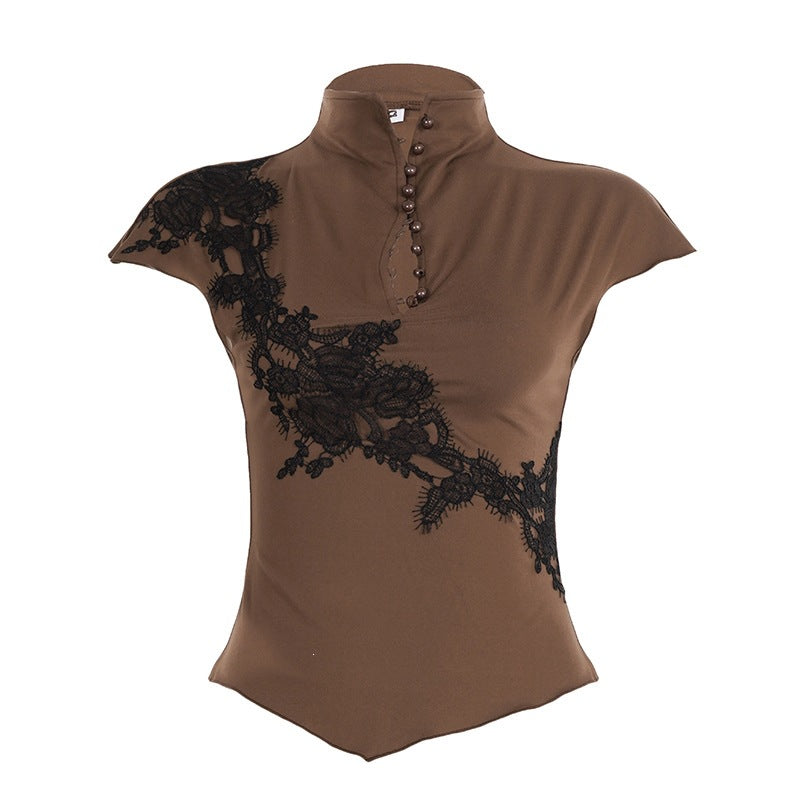 Damen Elegantes Spitzenoberteil mit modischen Knopfdetails R&B