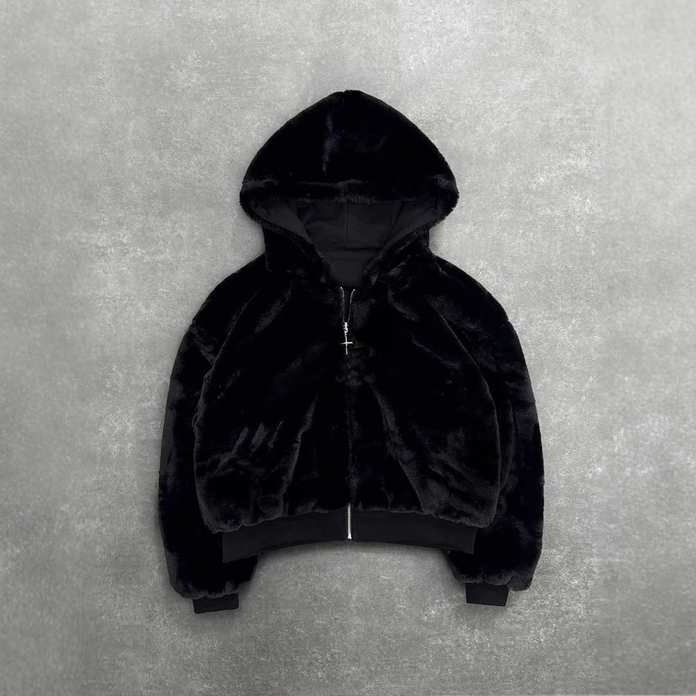 Damen nan kurze Kapuzenjacke mit Kunstfellfutter, Reißverschluss und Kängurutasche R&B