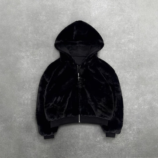 Damen nan kurze Kapuzenjacke mit Kunstfellfutter, Reißverschluss und Kängurutasche R&B