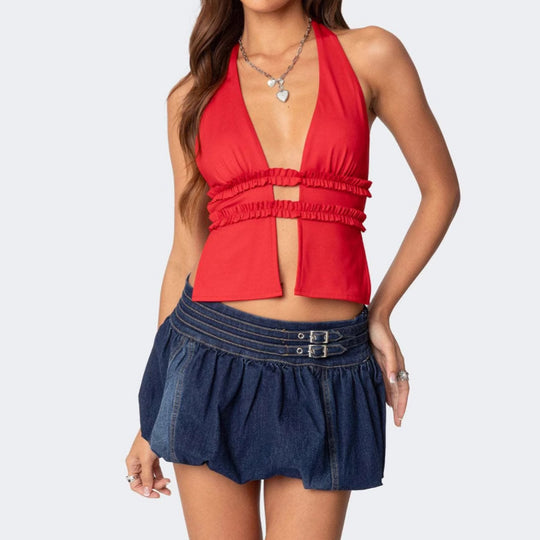 Damen Cropped Top mit halterlosem Ausschnitt und Rüschendetails R&B