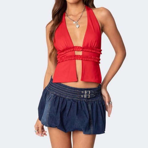 Damen Cropped Top mit halterlosem Ausschnitt und Rüschendetails R&B