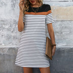 Damen Gestreiftes T-Shirt-Kleid mit Kontrastierendem Oberteil und Lässigem Schnitt R&B