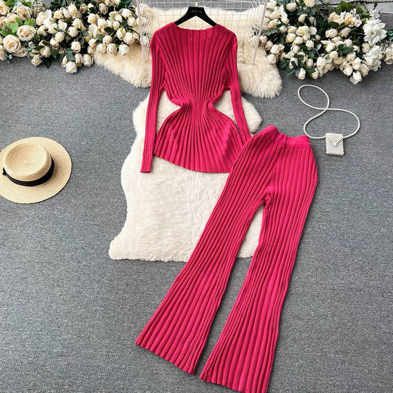 Damen modisches Strick-Loungewear-Set mit schmeichelnden Rippdetails R&B