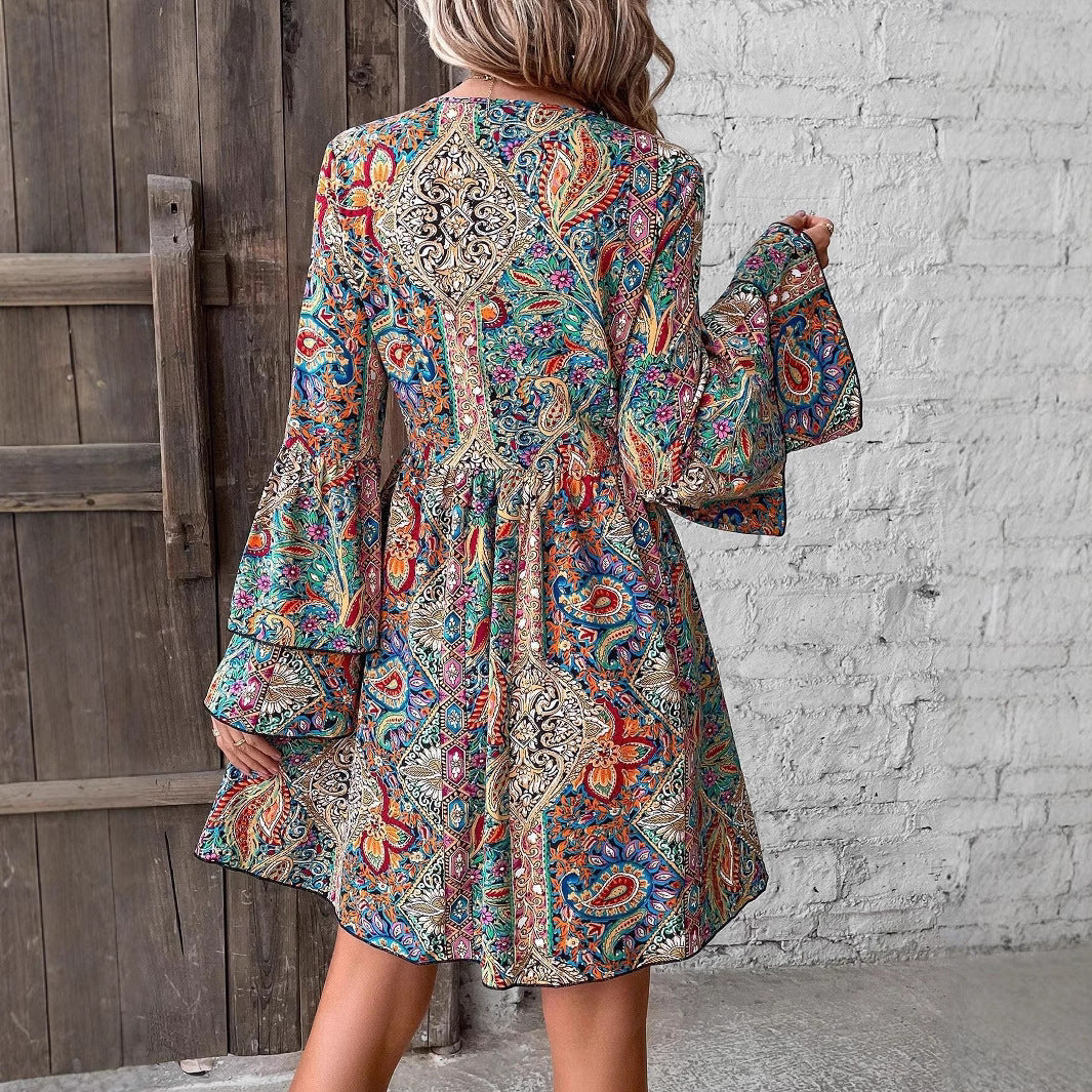 Damen V-Ausschnitt Kleid mit weiten Ärmeln und Paisleymuster R&B