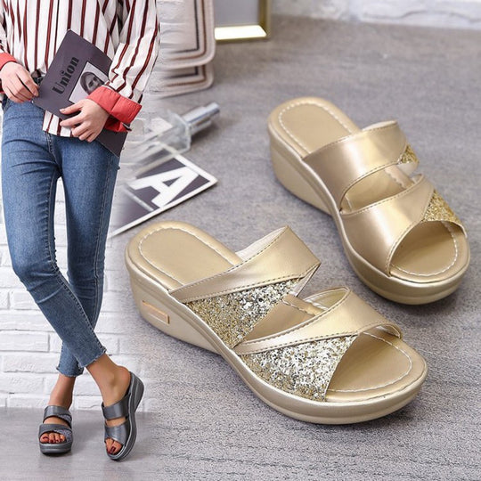 Damen glamouröse Wedge-Pantoletten mit Glitzerakzenten R&B