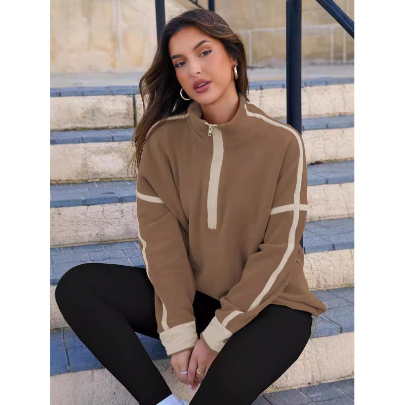 Damen Fleecpullover mit halbem Reißverschluss und kontrastierenden Ärmeln R&B