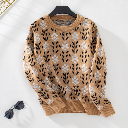 Damen lässiger Pullover mit floralem Muster und Rundhalsausschnitt R&B
