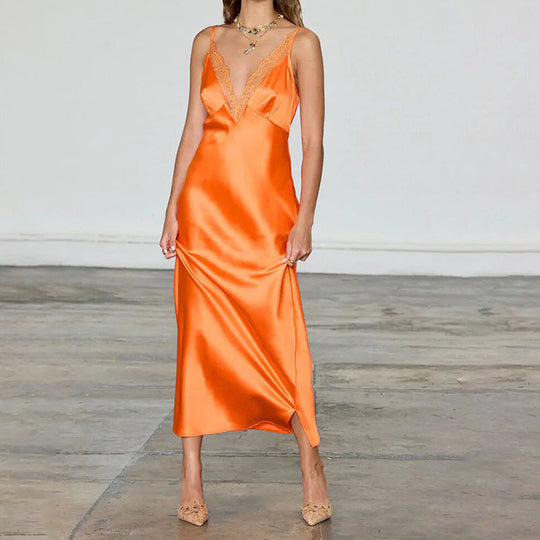 Damen Elegantes Satin-Maxikleid mit transparenter Spitze R&B