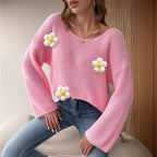 Damen Strickpullover mit verspielten Blumenapplikationen R&B