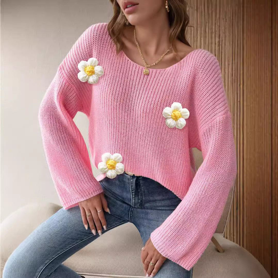 Damen Strickpullover mit verspielten Blumenapplikationen R&B
