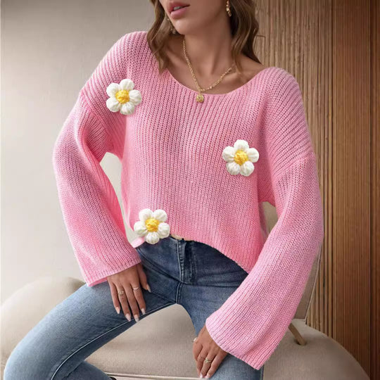 Damen Strickpullover mit verspielten Blumenapplikationen R&B