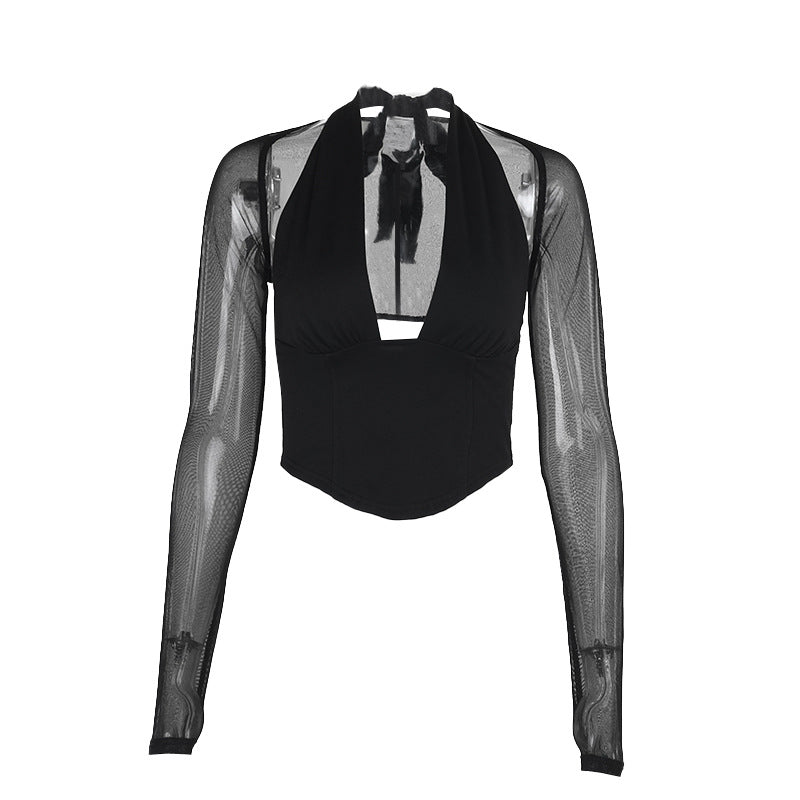 Damen Cropped-Top mit transparenten Ärmeln und tiefem V-Ausschnitt R&B