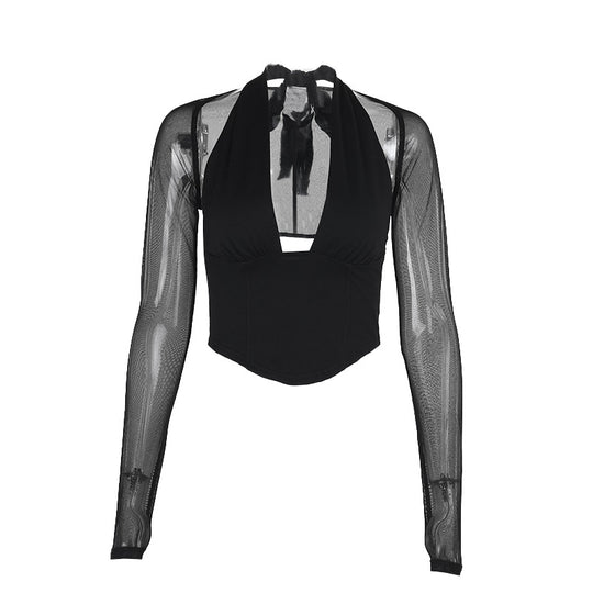 Damen Cropped-Top mit transparenten Ärmeln und tiefem V-Ausschnitt R&B