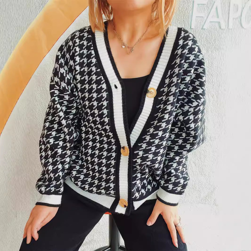 Damen oversized Strickjacke im klassischen Hahnentrittmuster R&B